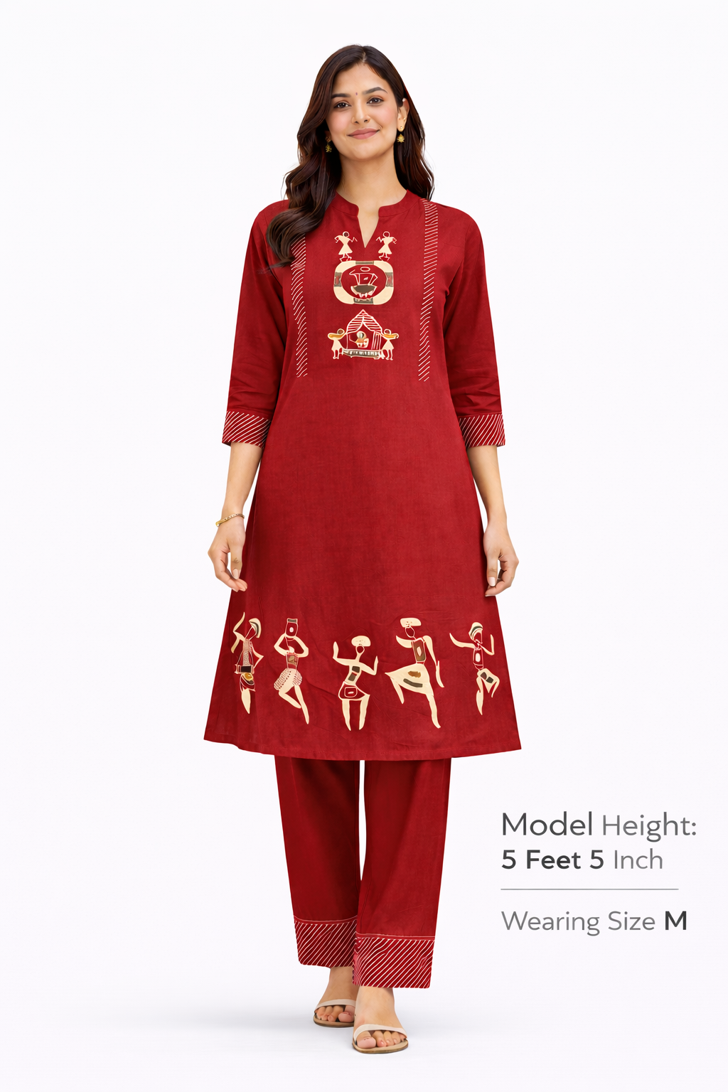 Shorekraft Red Warli Printed Cotton Flex Kurta Set for Women