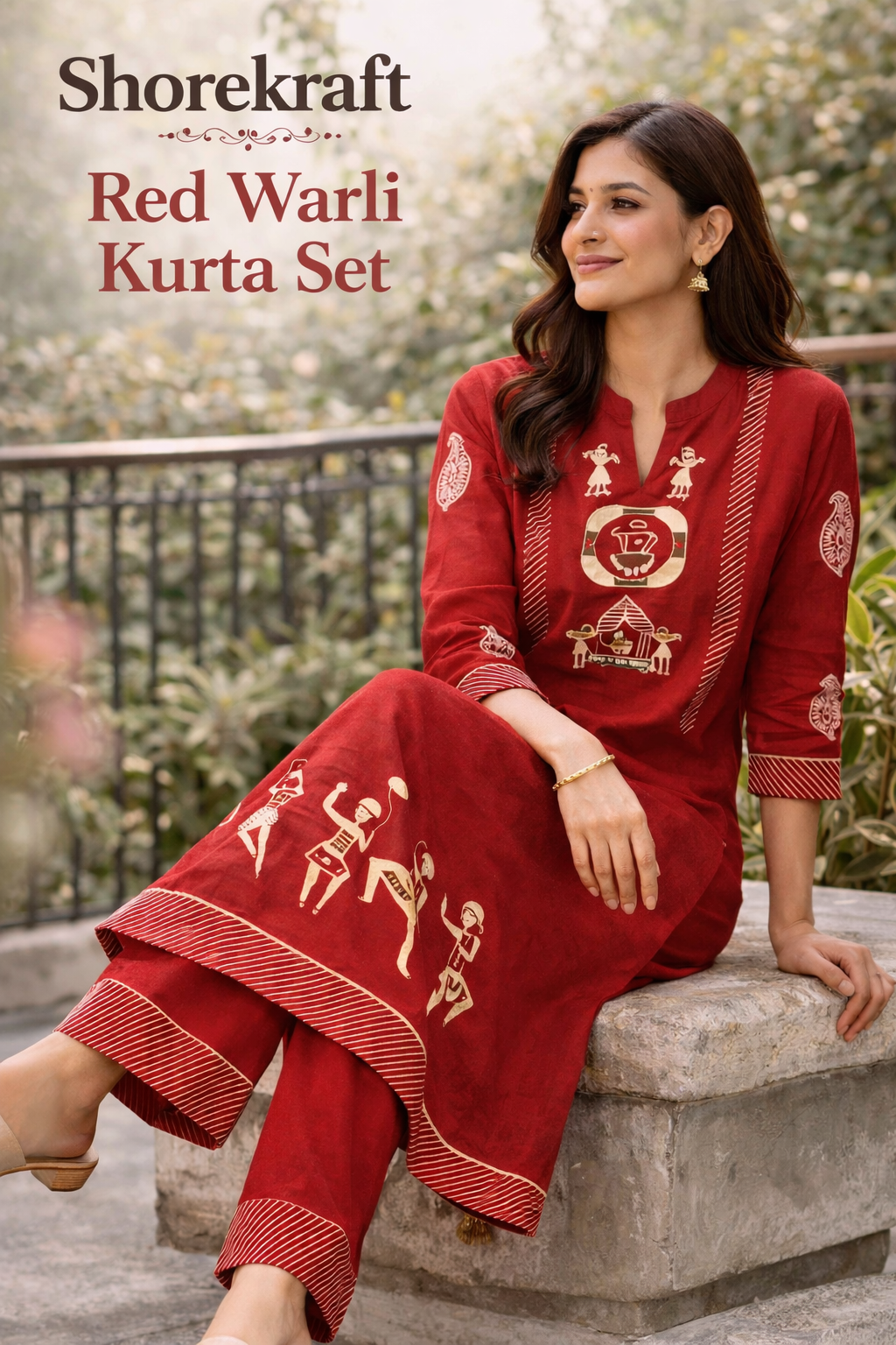 Shorekraft Red Warli Printed Cotton Flex Kurta Set for Women
