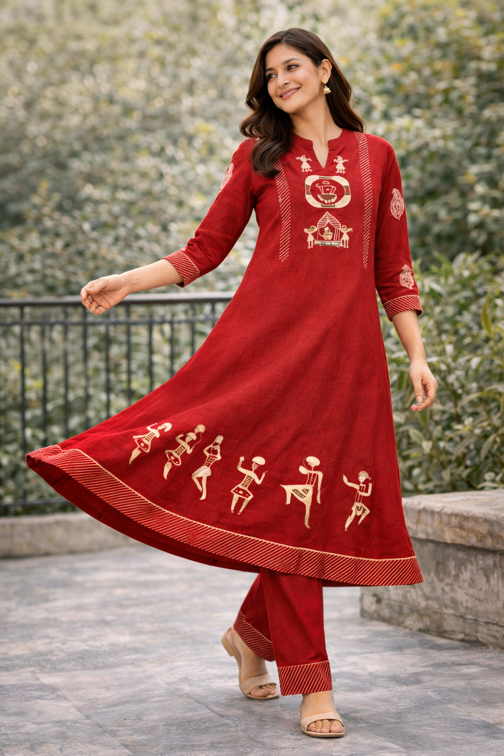 Shorekraft Red Warli Printed Cotton Flex Kurta Set for Women