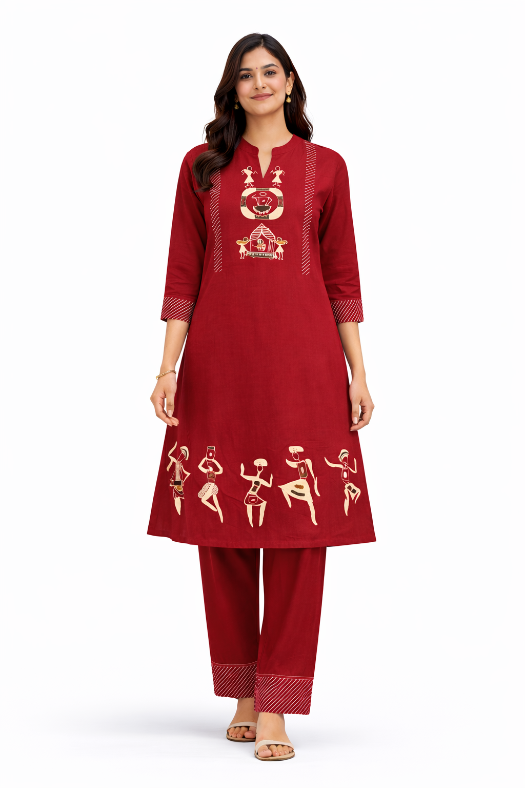Shorekraft Red Warli Printed Cotton Flex Kurta Set for Women