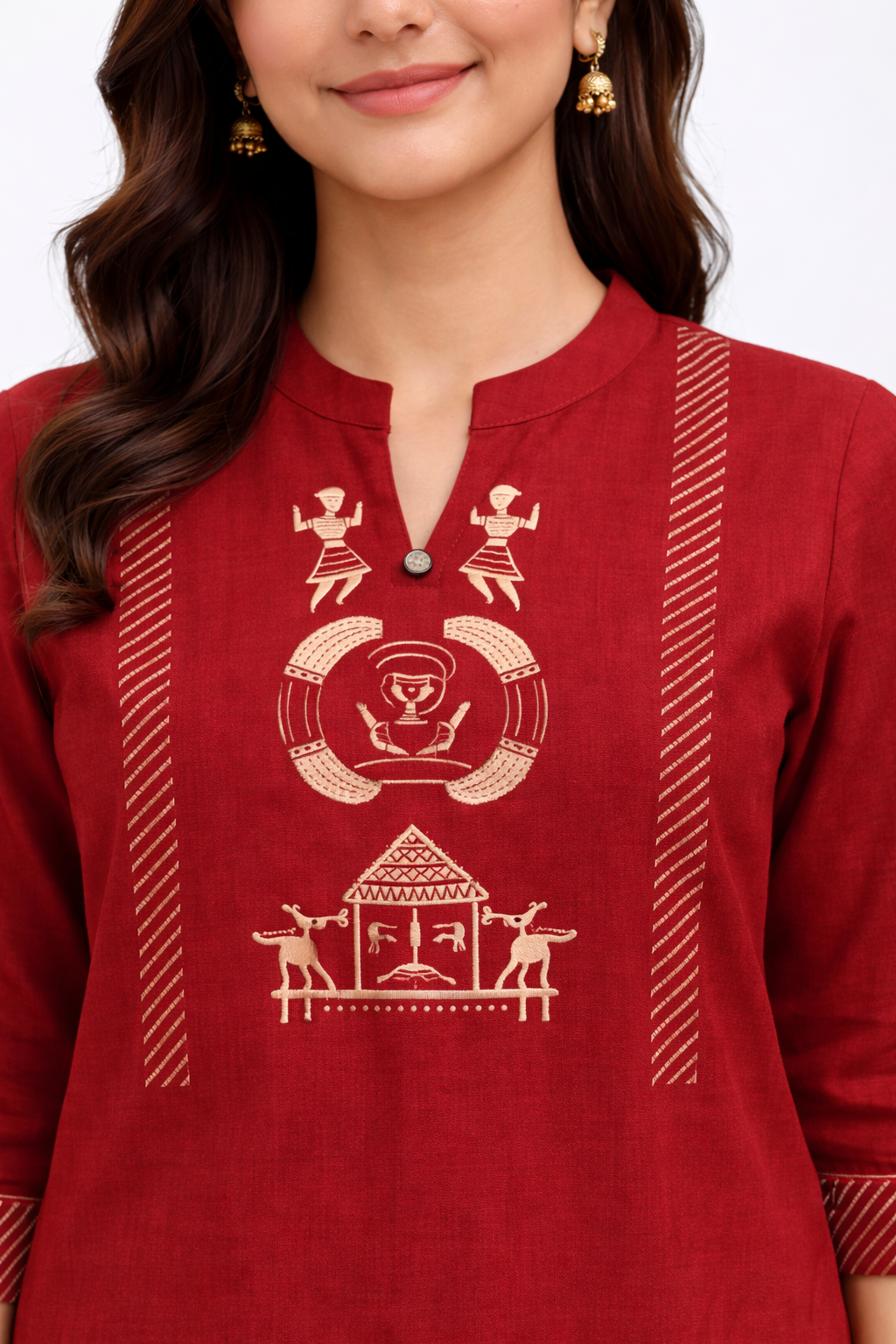 Shorekraft Red Warli Printed Cotton Flex Kurta Set for Women