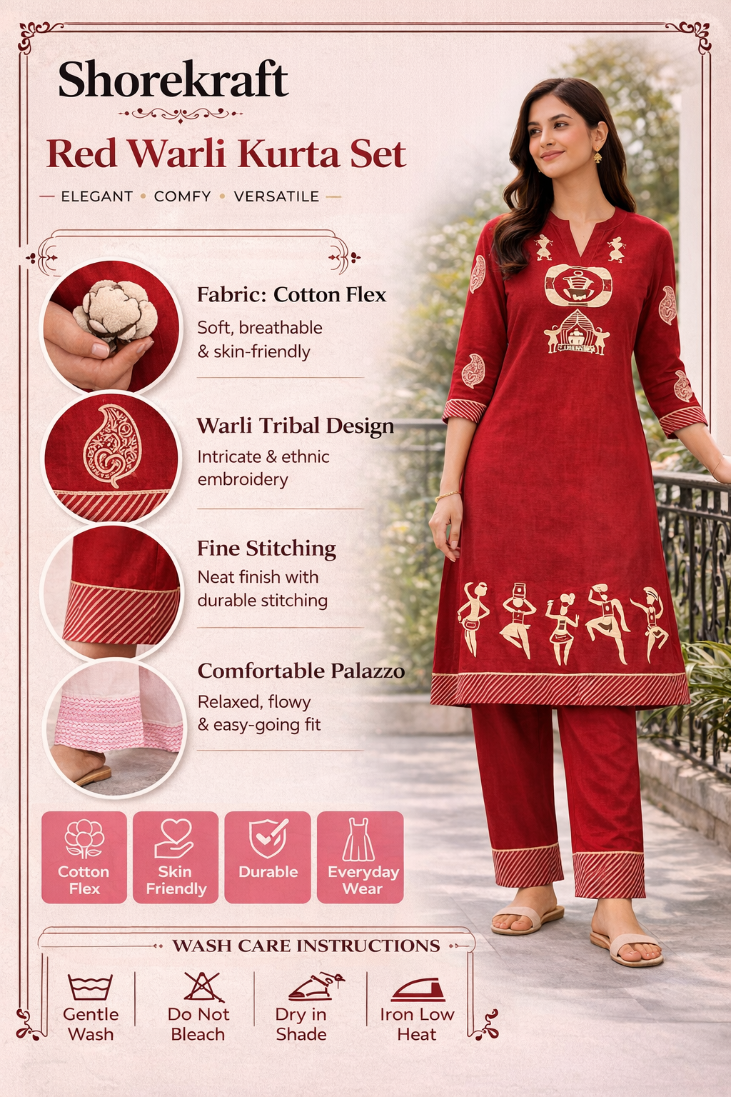Shorekraft Red Warli Printed Cotton Flex Kurta Set for Women