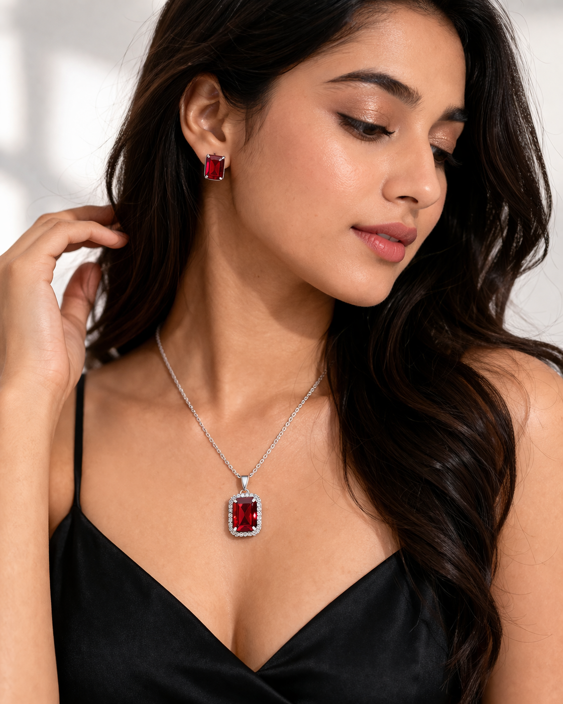 Luxury Emerald Cut Yellow Crystal Pendant Necklace Set for Women