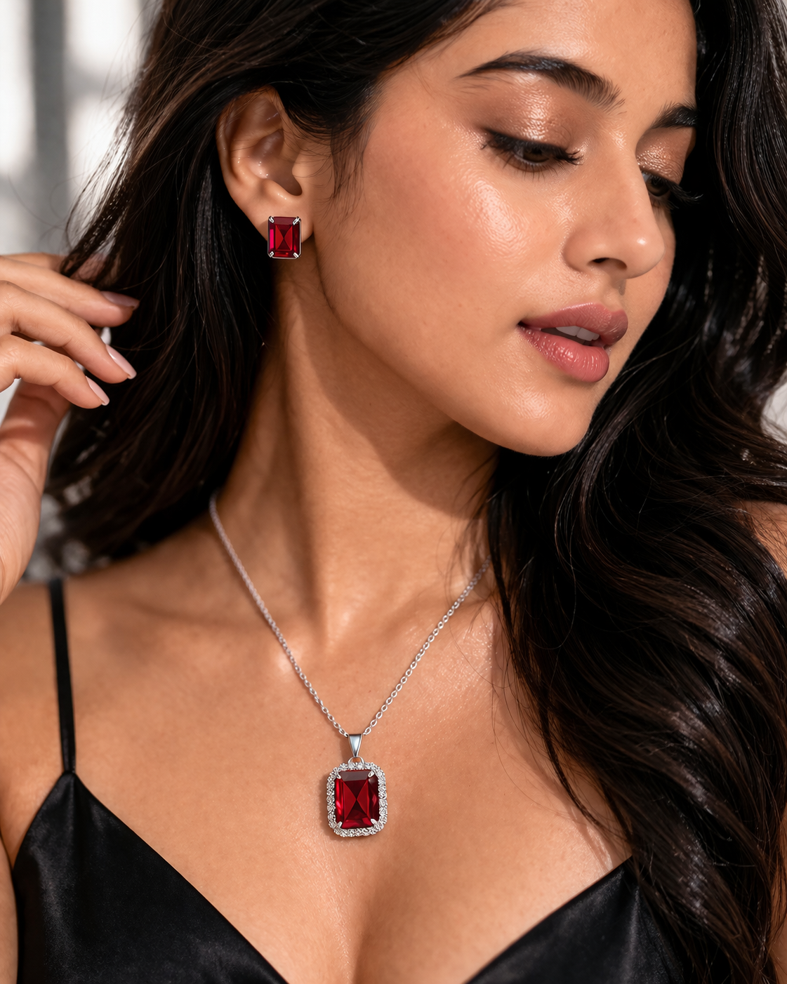 Luxury Emerald Cut Yellow Crystal Pendant Necklace Set for Women