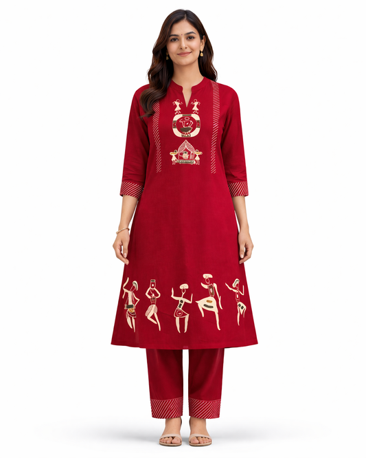 Shorekraft Red Warli Printed Cotton Flex Kurta Set for Women