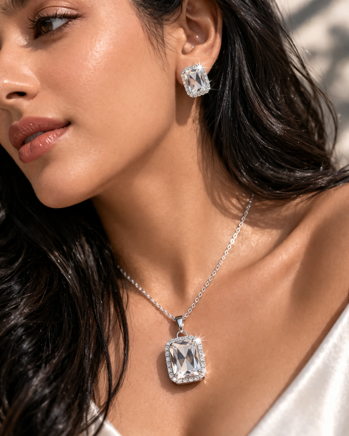 Luxury Emerald Cut Yellow Crystal Pendant Necklace Set for Women