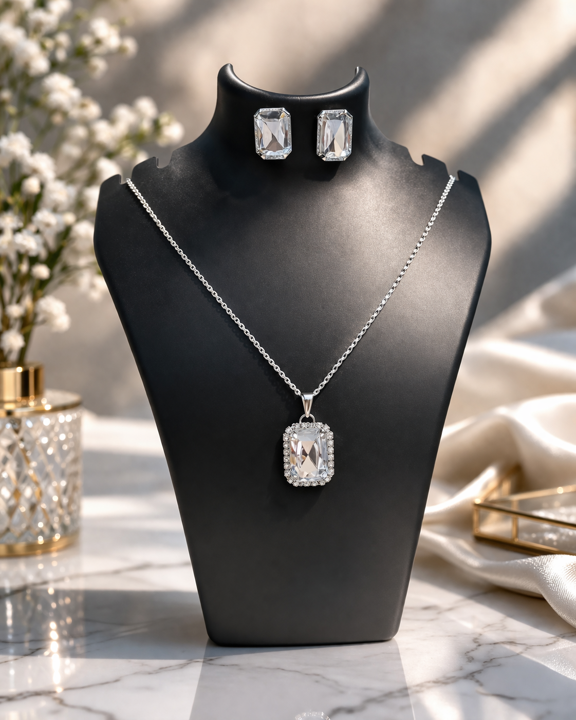 Luxury Emerald Cut Yellow Crystal Pendant Necklace Set for Women