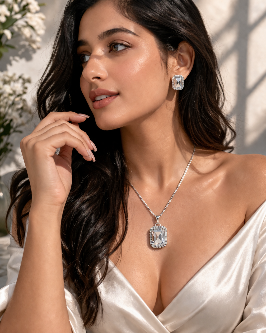 Luxury Emerald Cut Yellow Crystal Pendant Necklace Set for Women