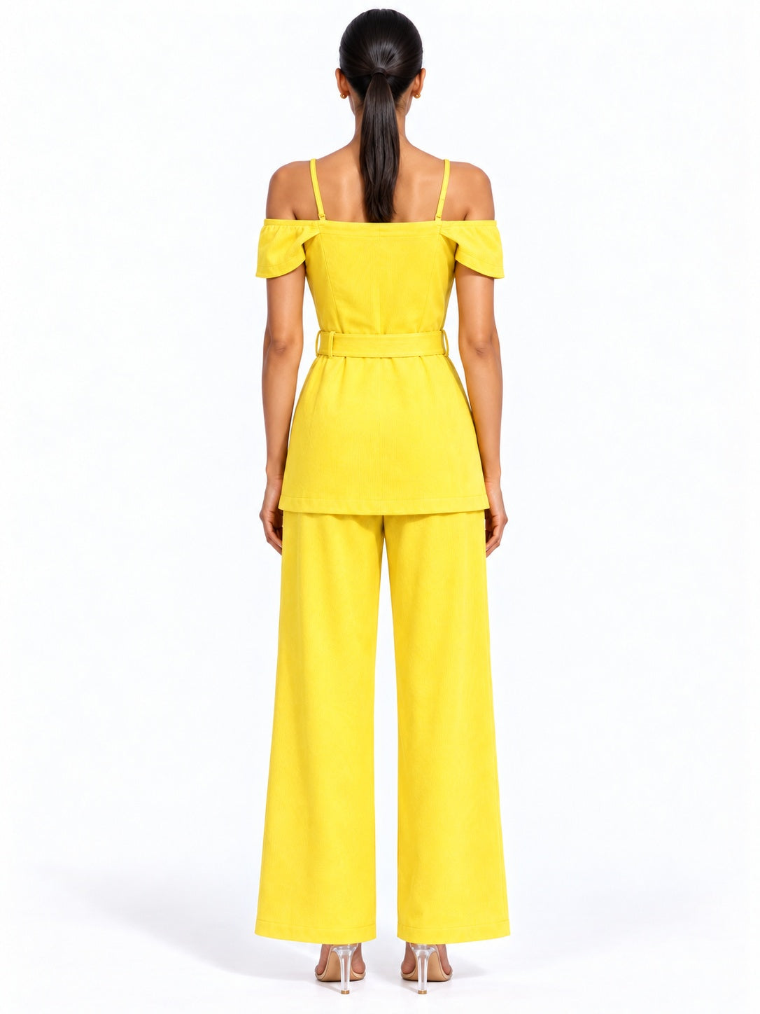 Solea Yellow Belted Co-ord Set for Women Off Shoulder