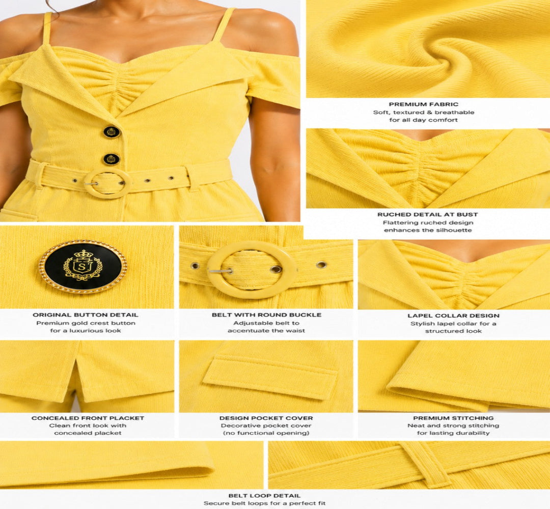 Solea Yellow Belted Co-ord Set for Women Off Shoulder