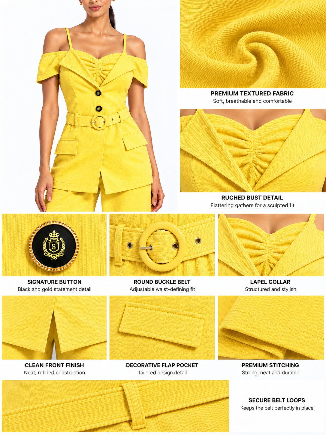 Solea Yellow Belted Co-ord Set for Women Off Shoulder
