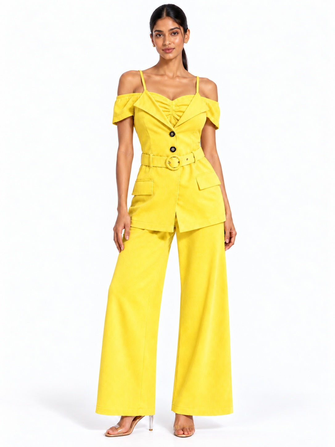 Solea Yellow Belted Co-ord Set for Women Off Shoulder