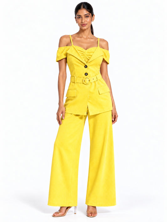 Solea Yellow Belted Co-ord Set for Women Off Shoulder