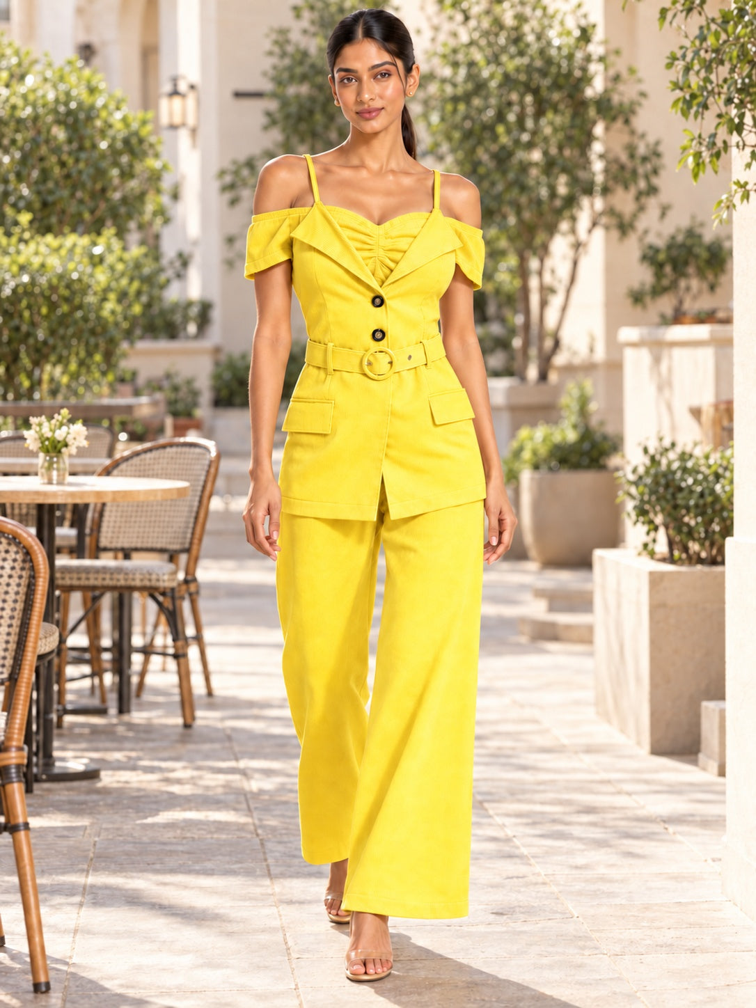 Solea Yellow Belted Co-ord Set for Women Off Shoulder