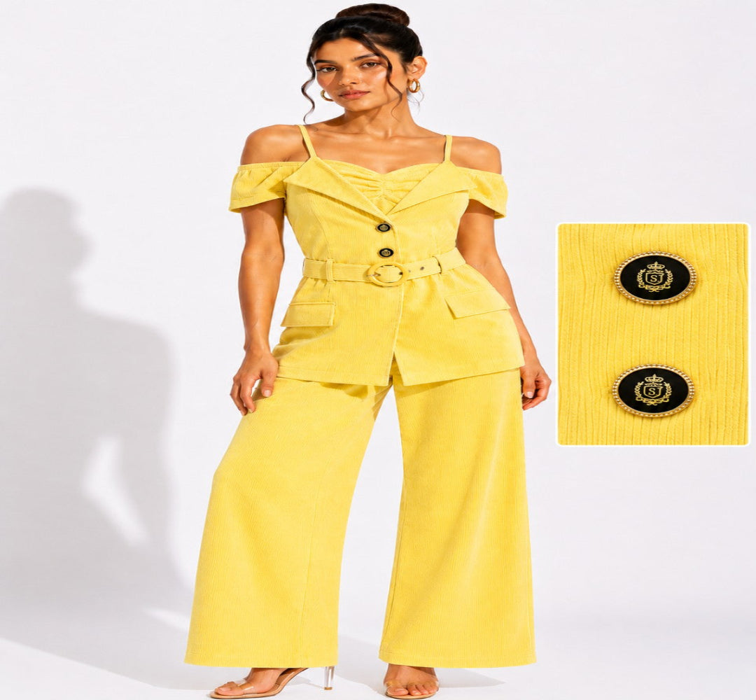 Solea Yellow Belted Co-ord Set for Women Off Shoulder