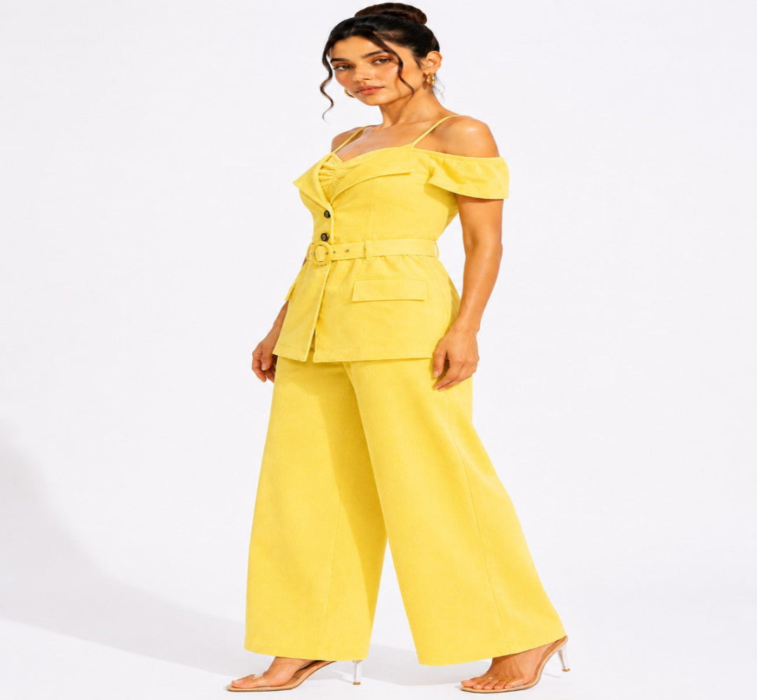 Solea Yellow Belted Co-ord Set for Women Off Shoulder