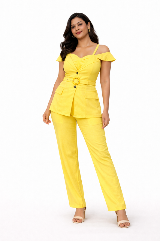 Solea Yellow Belted Co-ord Set for Women Off Shoulder